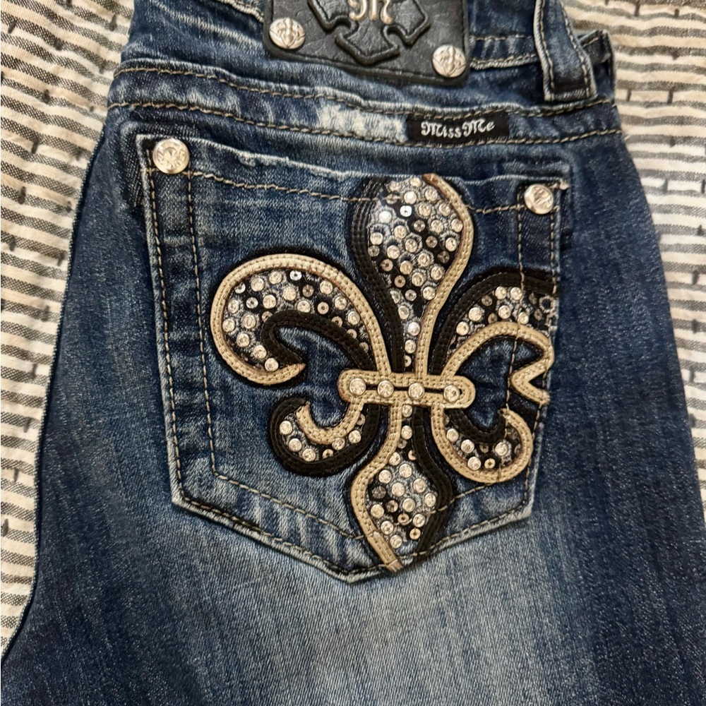 Miss Me Dark Blue Boot Cut Jeans with Rhinestone Fleur-de-Lis